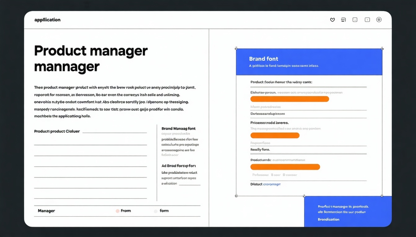 A graphic showing an outline of a job application for the role of product manager using the brand font and colours